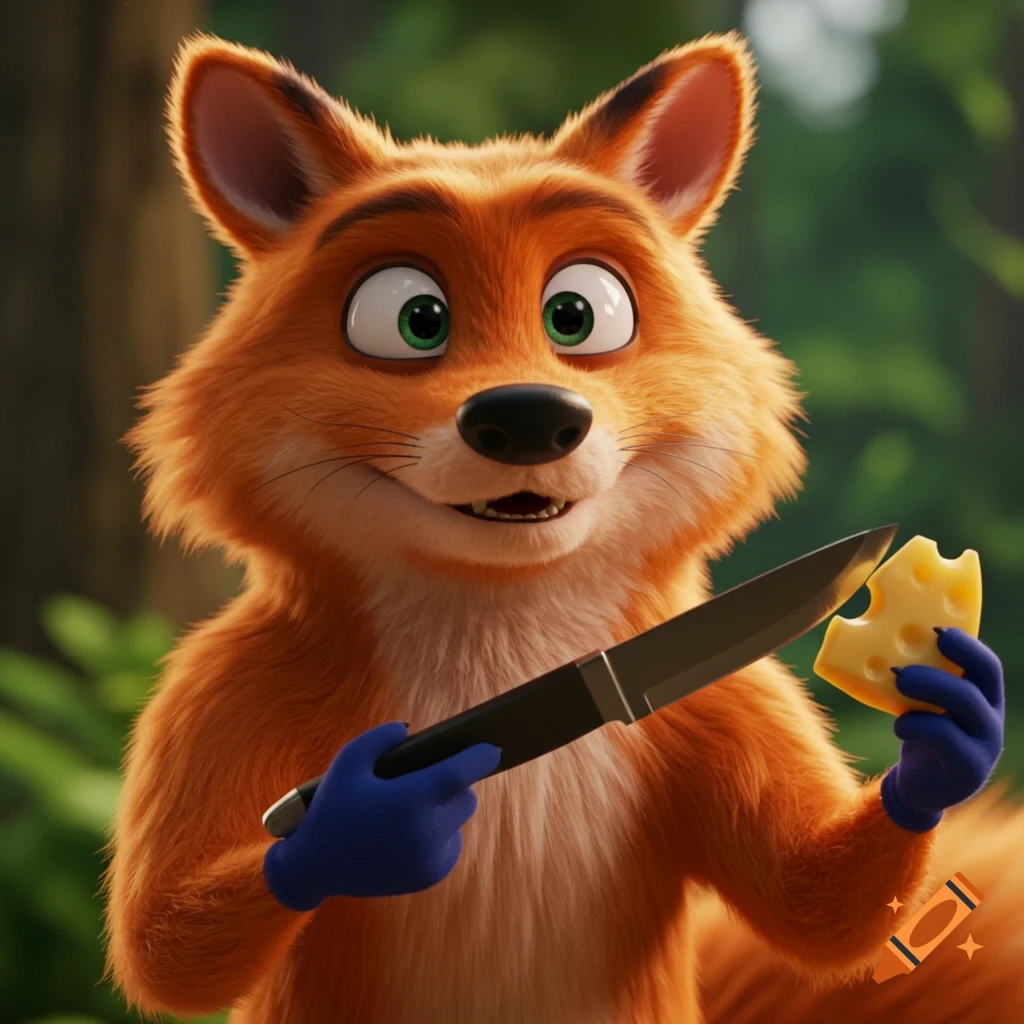 A cartoon fox holding a knife and cheese, rendered in a 3D animation style.