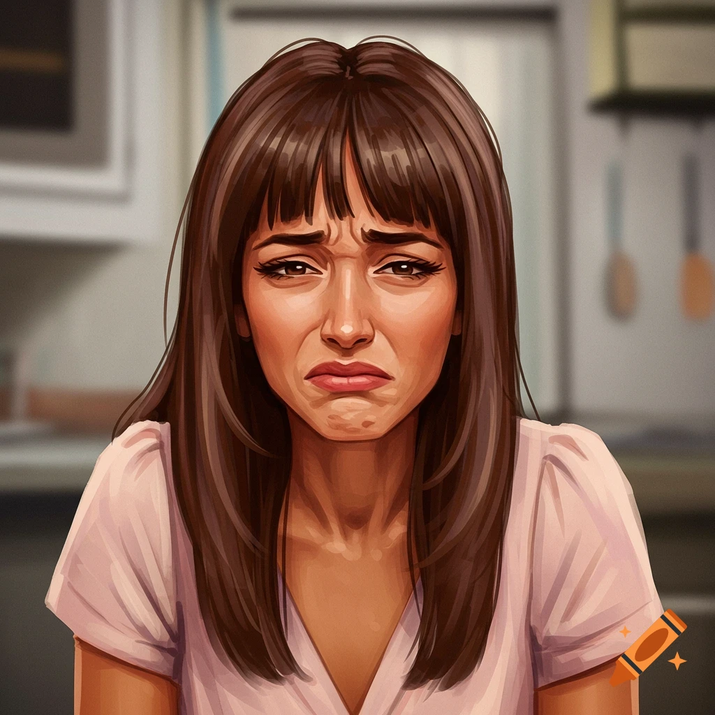 A woman with long brown hair and bangs, looking disgusted or sad.