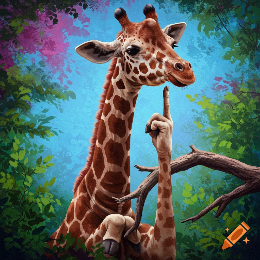 A giraffe in a forest doing a thinking gesture with a human-like hand.