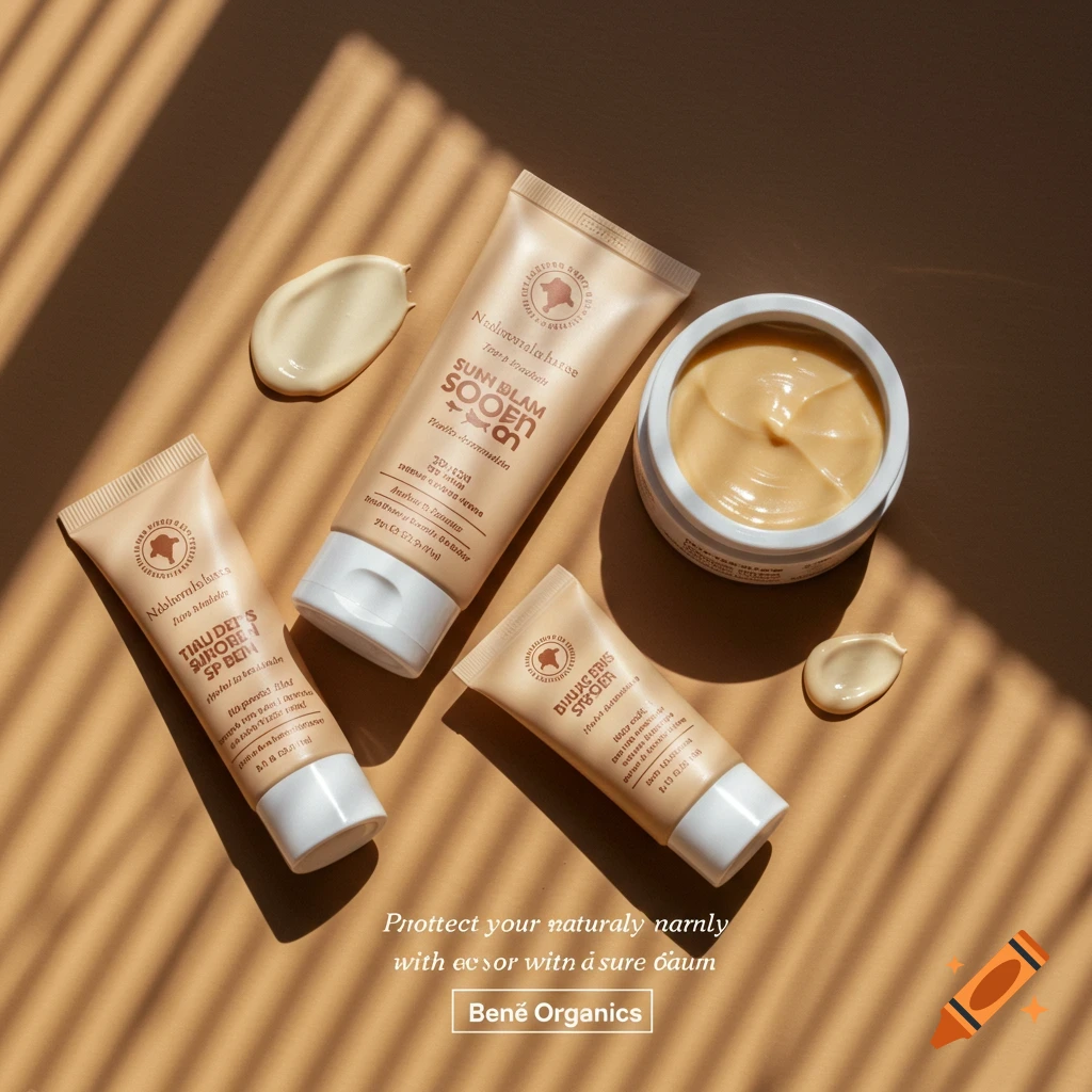Skincare products in tubes and a jar on a beige surface with applied cream and shadows.