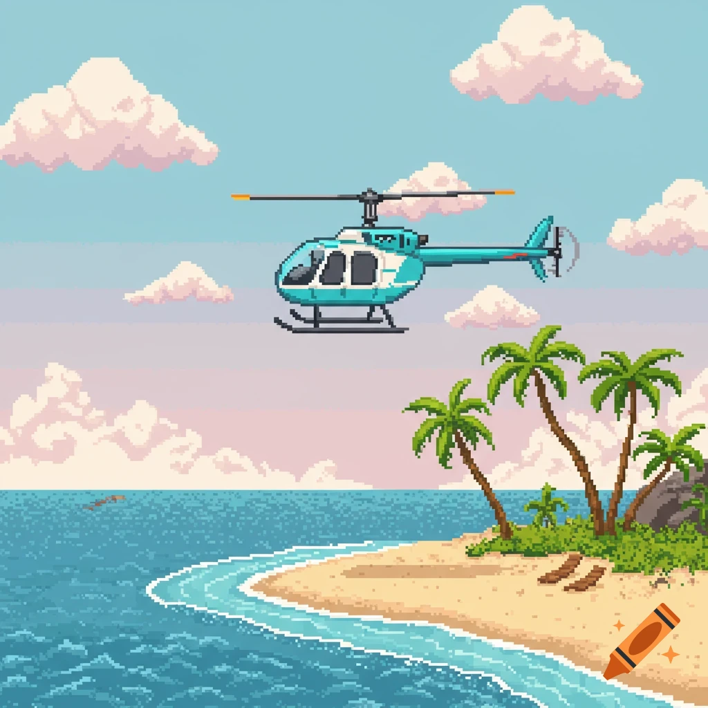 Pixel art illustration of a helicopter flying over a tropical beach with palm trees.