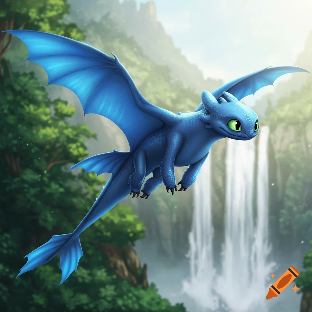 A blue dragon similar to Toothless flies over a forest and waterfall.