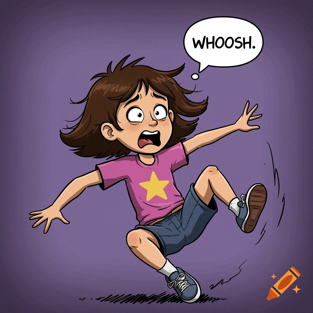 Falling Backwards In Fear Girl, 9, slipping and falling backward with panic and thought bubble ...
