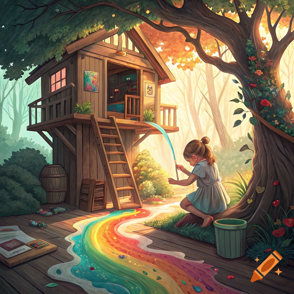 A young girl sits by a tree, painting a vibrant rainbow path from a treehouse in a fantasy forest setting.