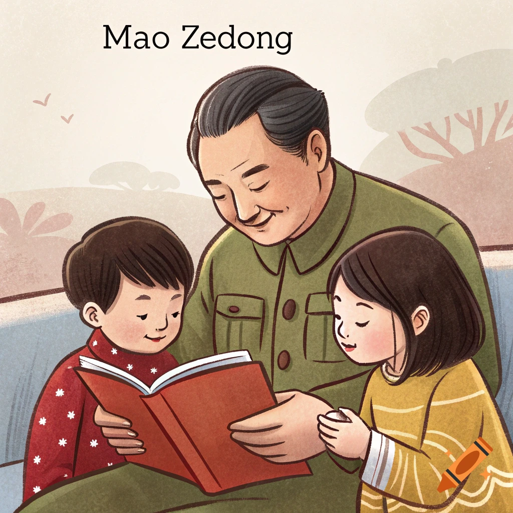 Illustration of Mao Zedong reading a book with two children.