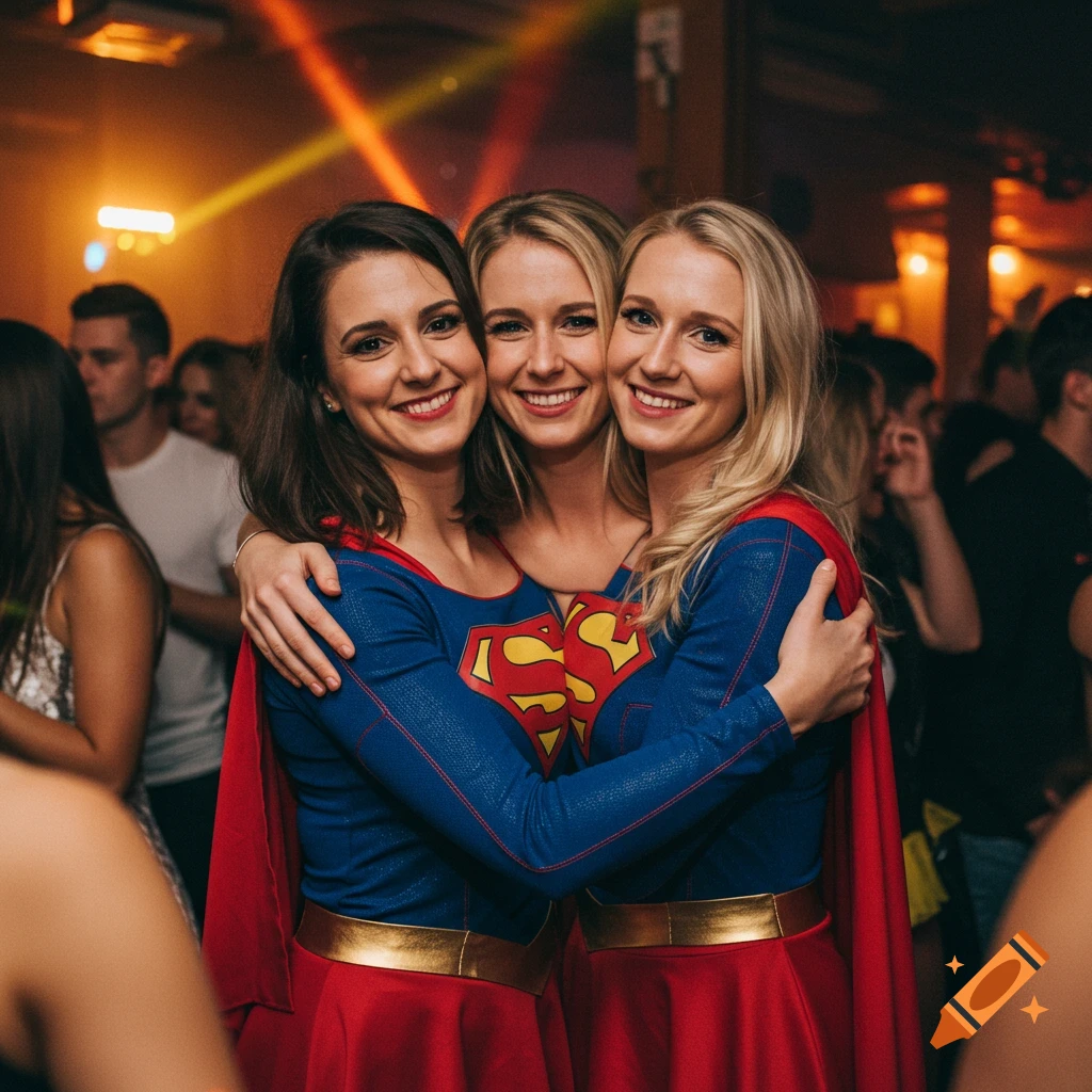 Three women in Supergirl costumes pose for a photo at a party.