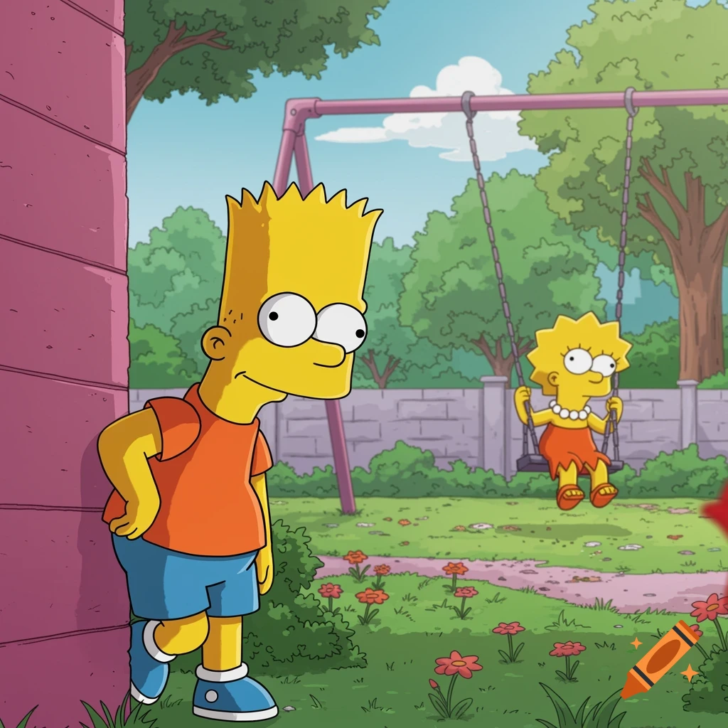 Bart Simpson leans against a wall watching Lisa swing in a park, in the style of The Simpsons animation.