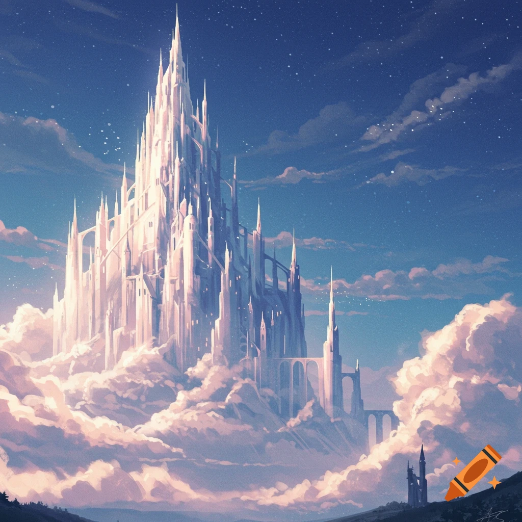 A massive, glowing fantasy castle towering into a cloudy, starry sky.