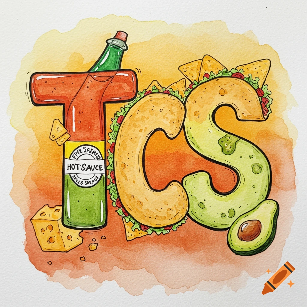 Watercolor illustration of the letters T, A, C, O, S formed by food items: T is a hot sauce bottle, A is a tortilla chip, C and O are tacos, S is guacamole, with cheese and avocado slices. The background is a warm watercolor wash.