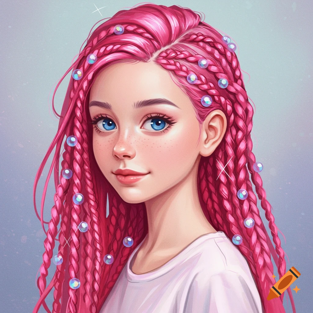 A person with pink braided hair adorned with iridescent beads.