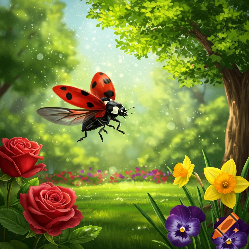 A ladybug flying over flowers and grass towards a tree in a sun-dappled park.