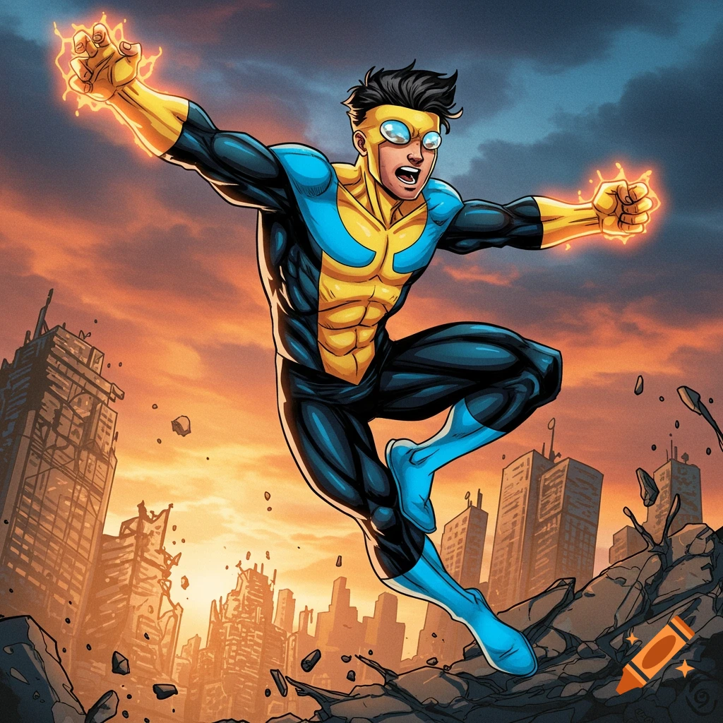Invincible, a superhero, jumps high over a destroyed city landscape with glowing energy in his hands, in a comic book art style.