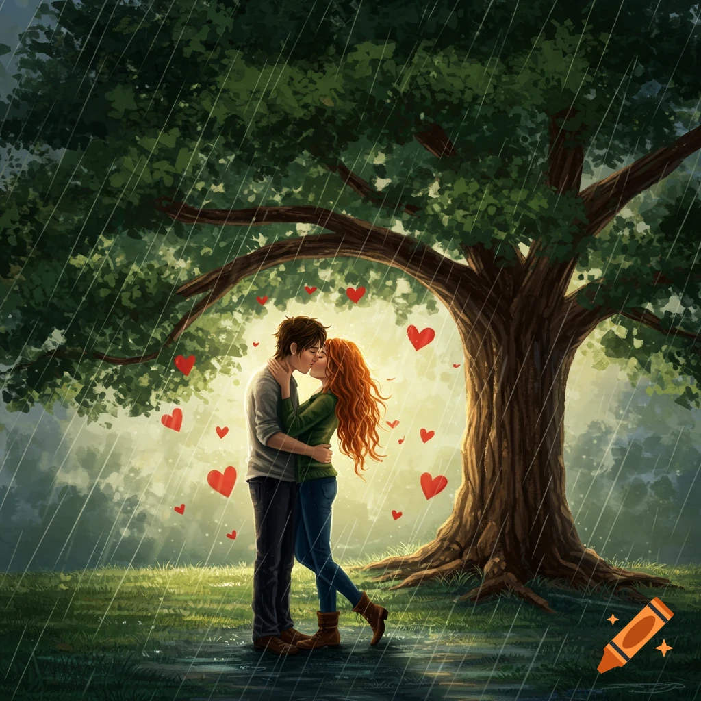 A couple kisses under a tree in the rain with floating red hearts.
