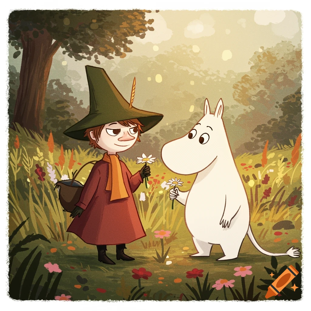 Two characters like Moomintroll and Snufkin exchanging flowers in a sunny, whimsical meadow.