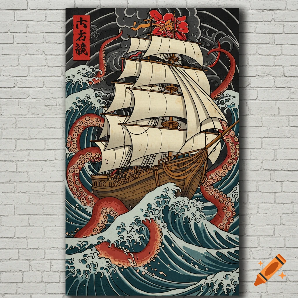 A sailing ship battling a kraken in rough seas, in a traditional Japanese tattoo style.