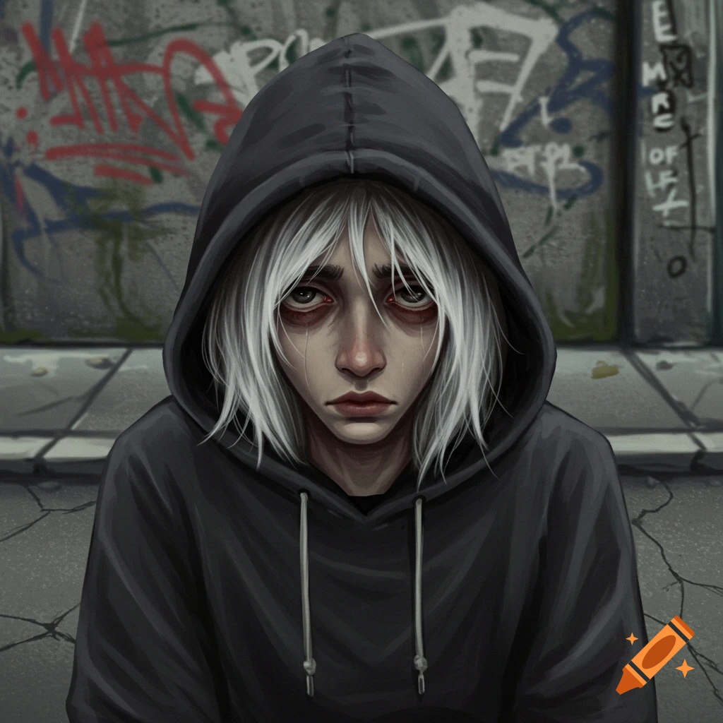 A sad person in a dark hoodie is standing in front of graffiti.