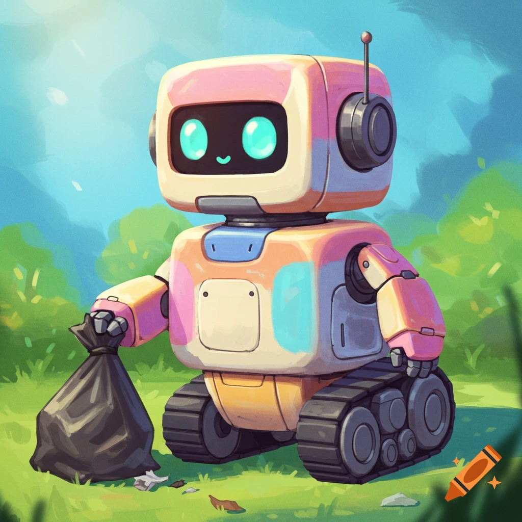A cute, colorful image of a robot holding a trash bag in a grassy field.