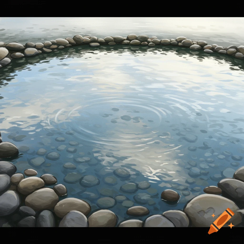 A pond surrounded by stones with ripples.