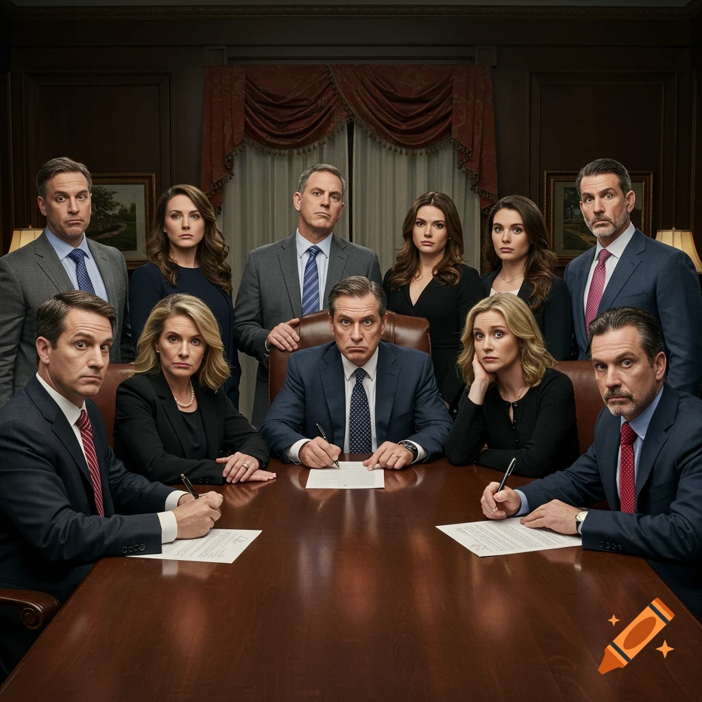 A group of formally dressed individuals with tense expressions sit around a table signing documents, depicting a scene of distrust.
