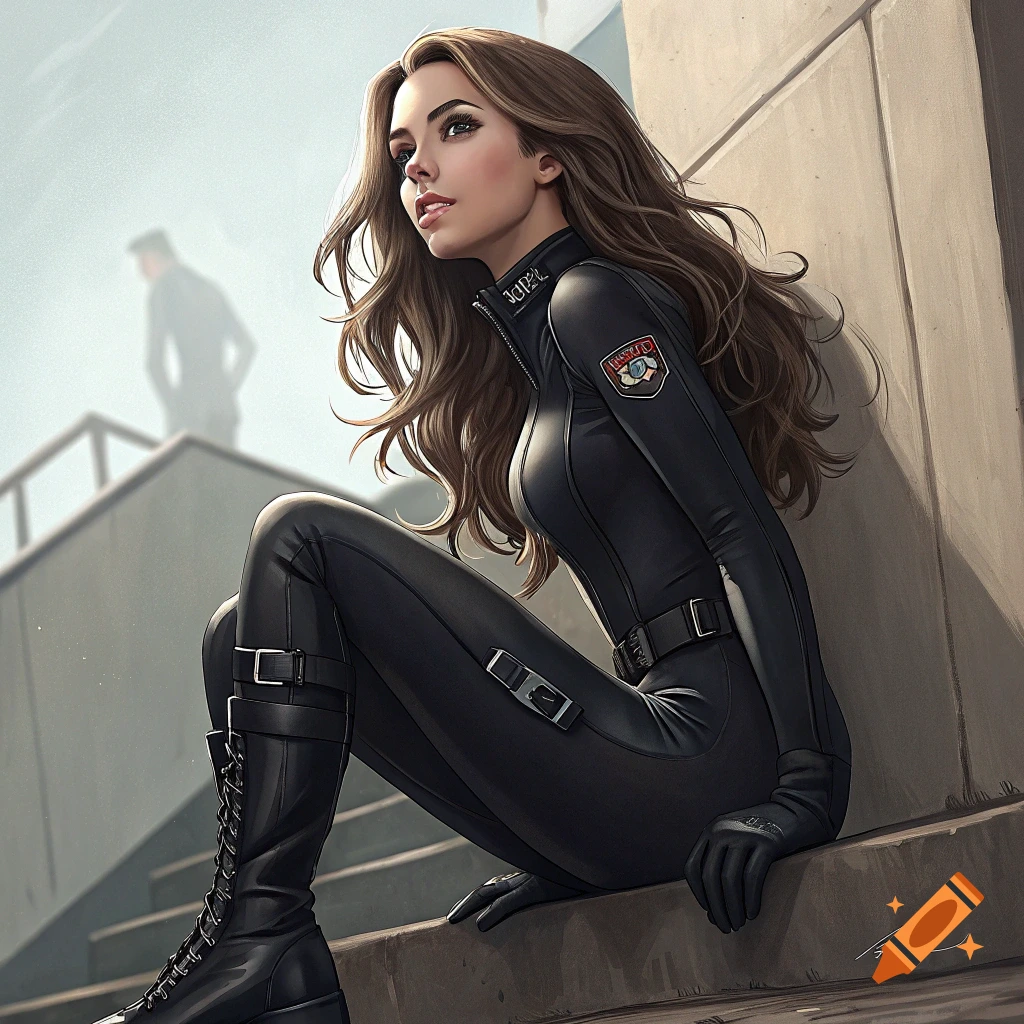 Digital art portrait of a woman in a black suit and boots crouching on stairs.