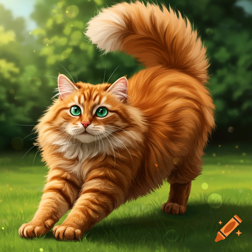 An orange fluffy cat with green eyes stretches on bright green grass with a blurred green background.