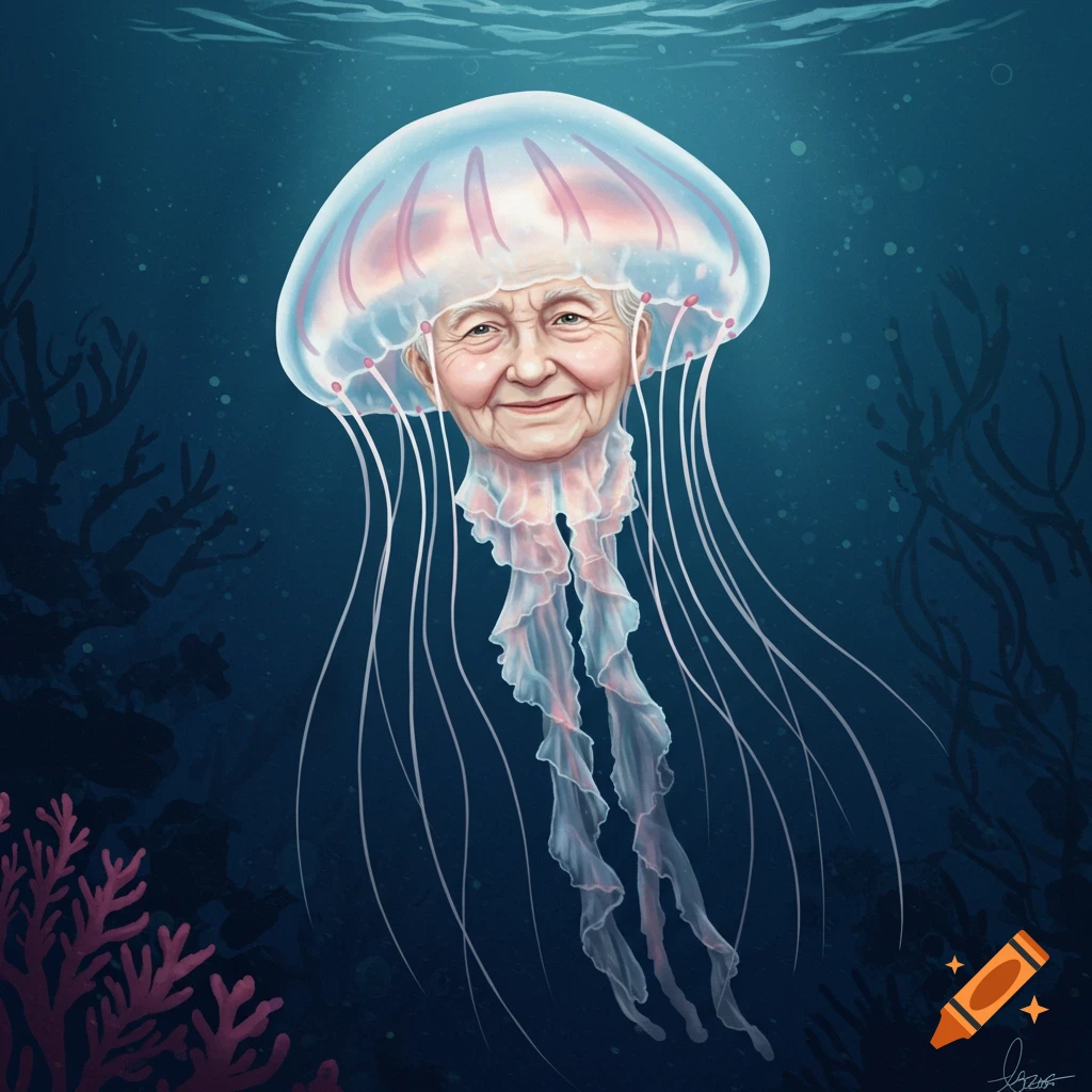 A jellyfish with an old person's face underwater.