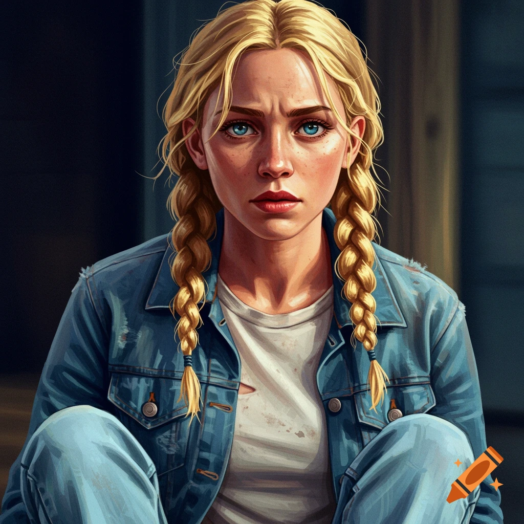 A woman with blonde braided hair and blue eyes wears a denim jacket and jeans while sitting.