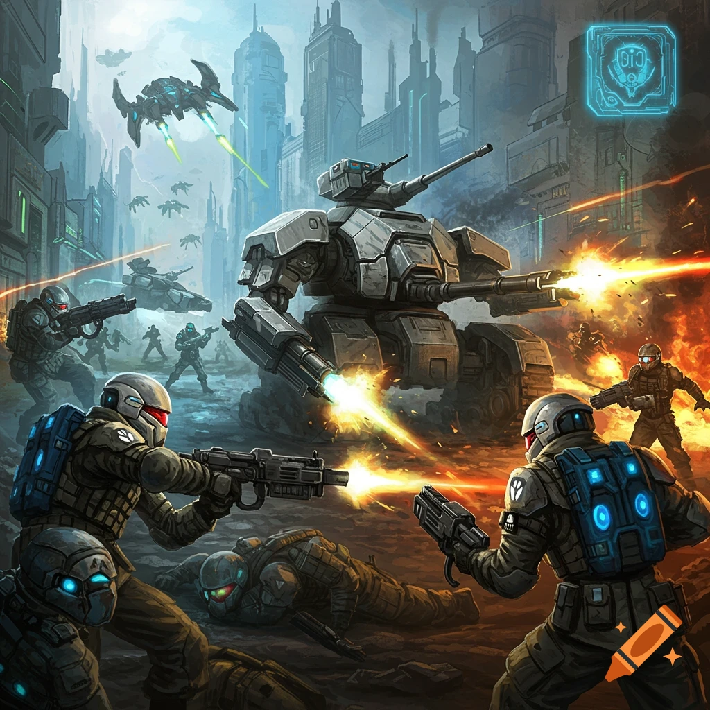 Futuristic soldiers and a large mech fighting in a city battle.