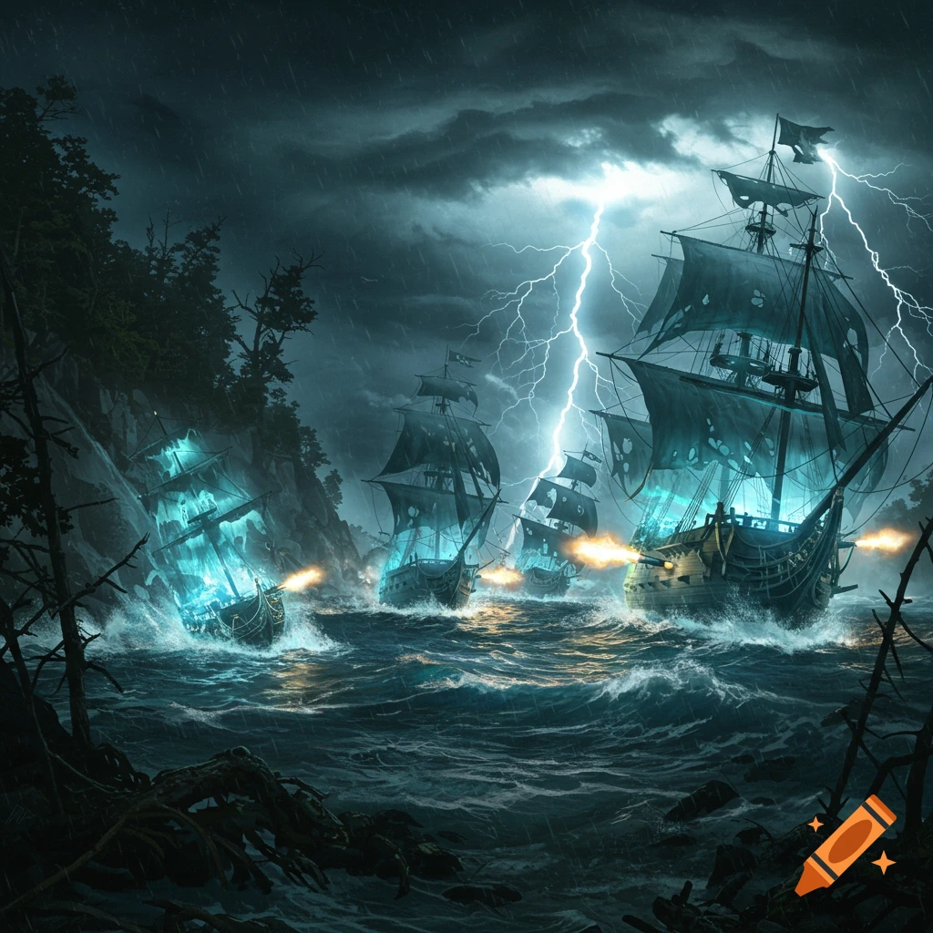 Glowing ghost ships battling in a stormy sea with lightning off a wooded coast.