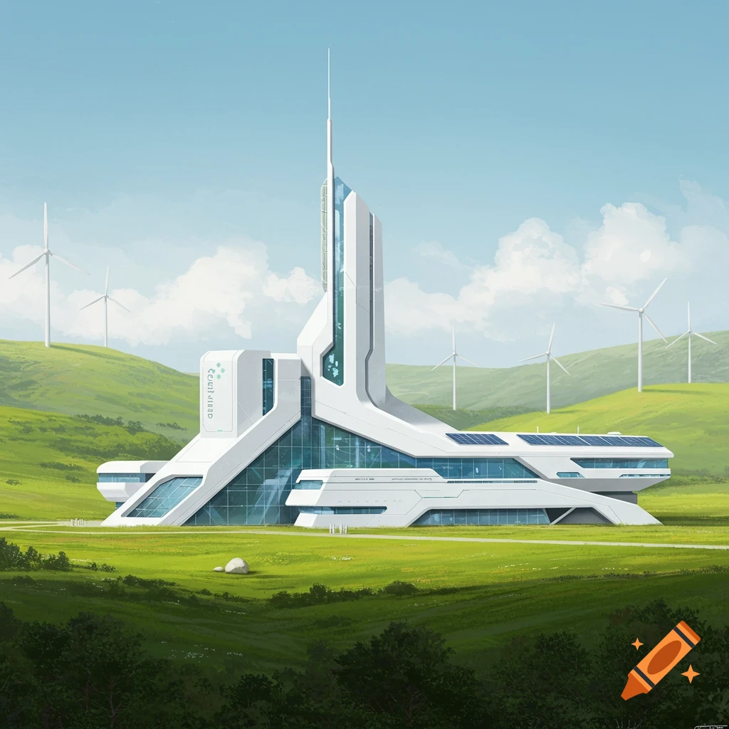 Concept art of a futuristic white science facility in a green landscape with wind turbines.
