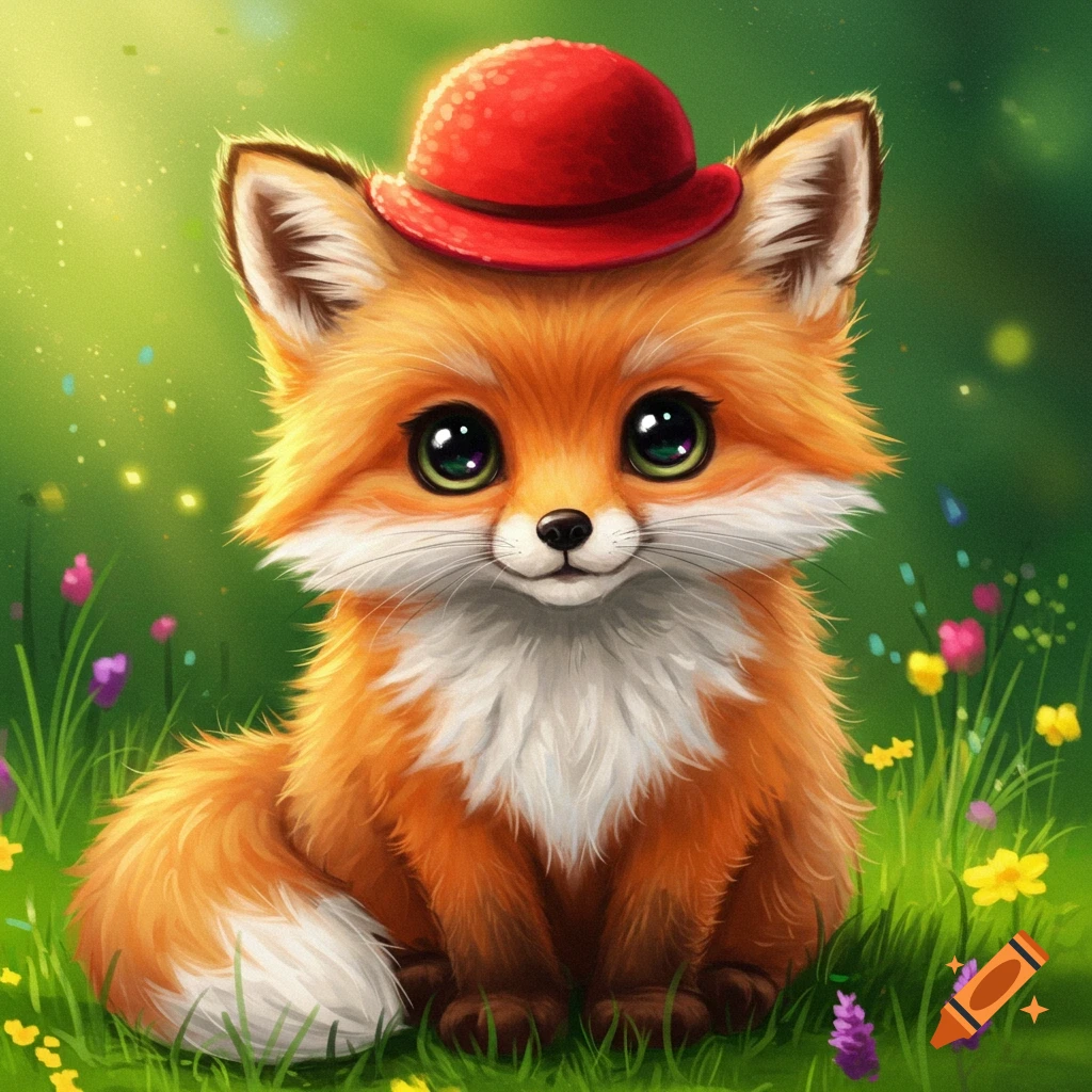 A cute, fluffy fox wearing a red hat sits in a field of brightly colored flowers.