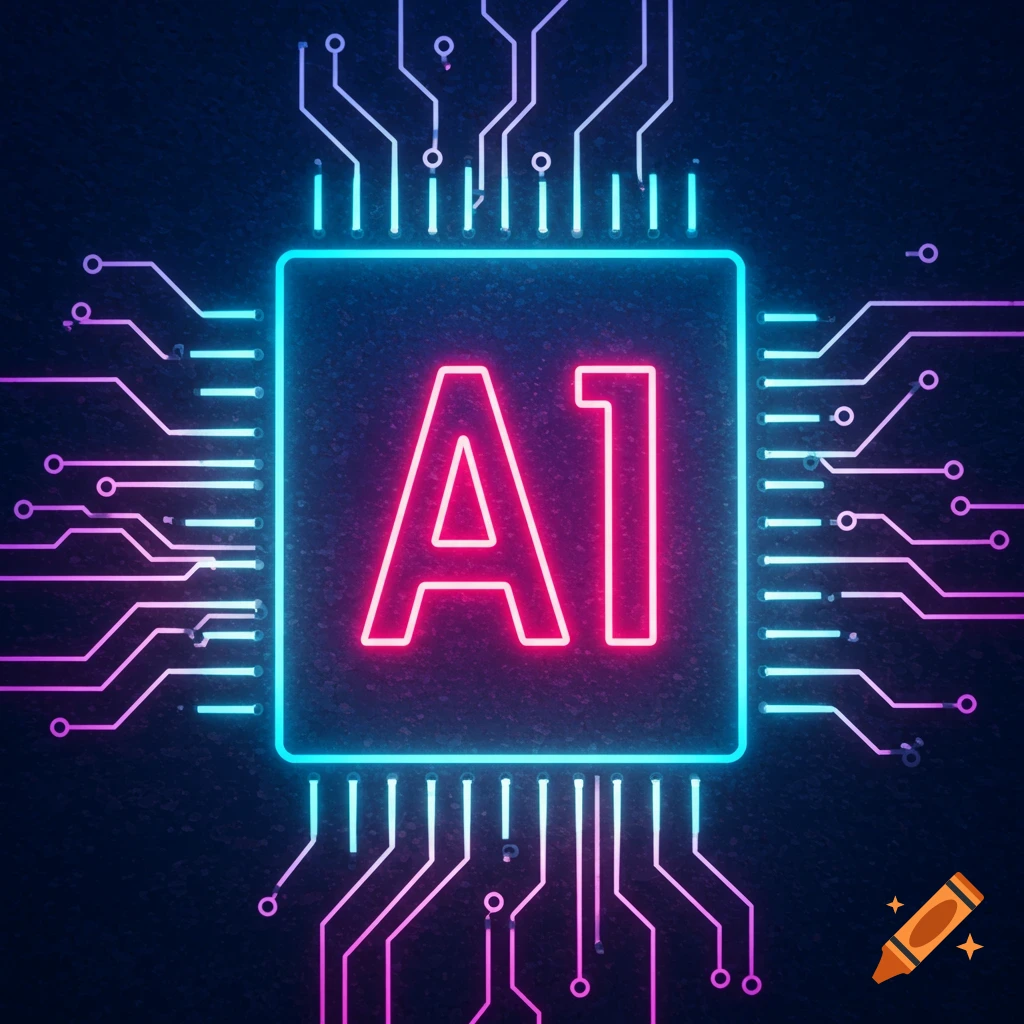 Neon AI symbol on a dark circuit board
