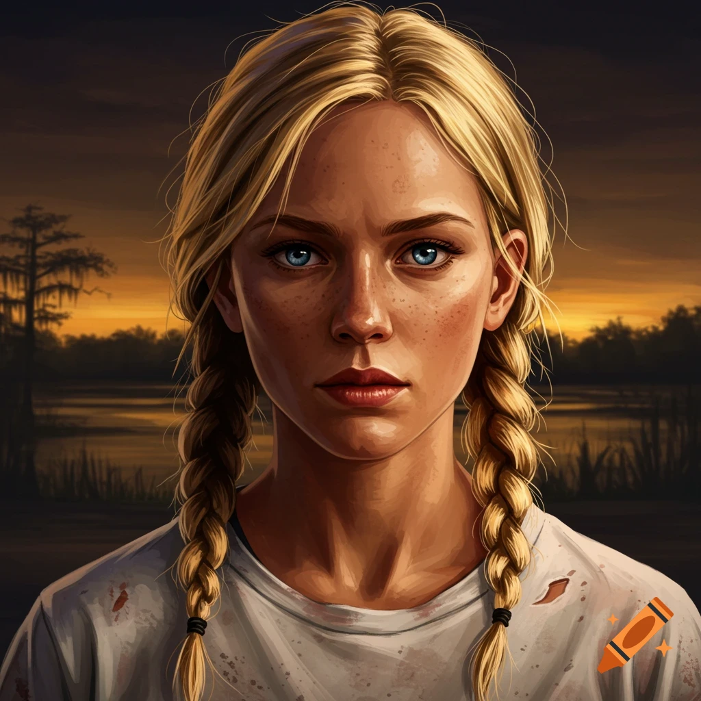 Portrait of a young woman with blonde braids and blue eyes against a marshy sunset.