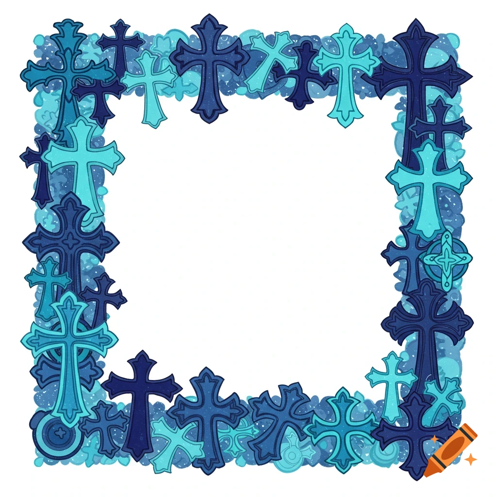 A frame border made of various sizes and shades of blue gothic crosses on a white background.