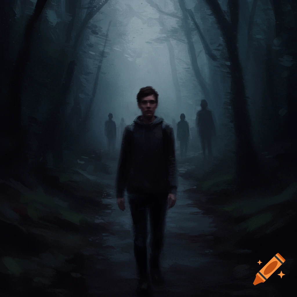 A person walking through a dark, misty forest with blurry figures behind them