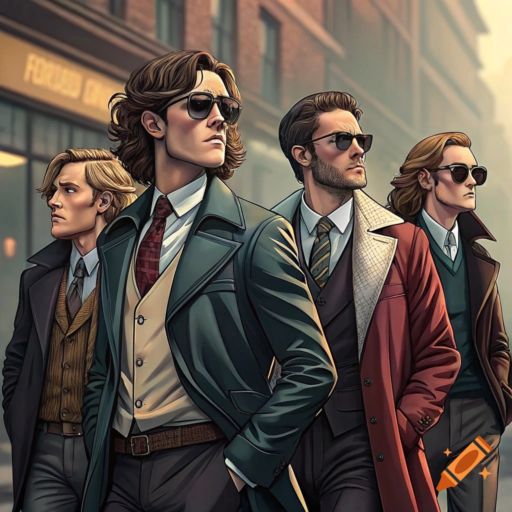 Four stylish men in suits and coats with sunglasses walk down a city street.