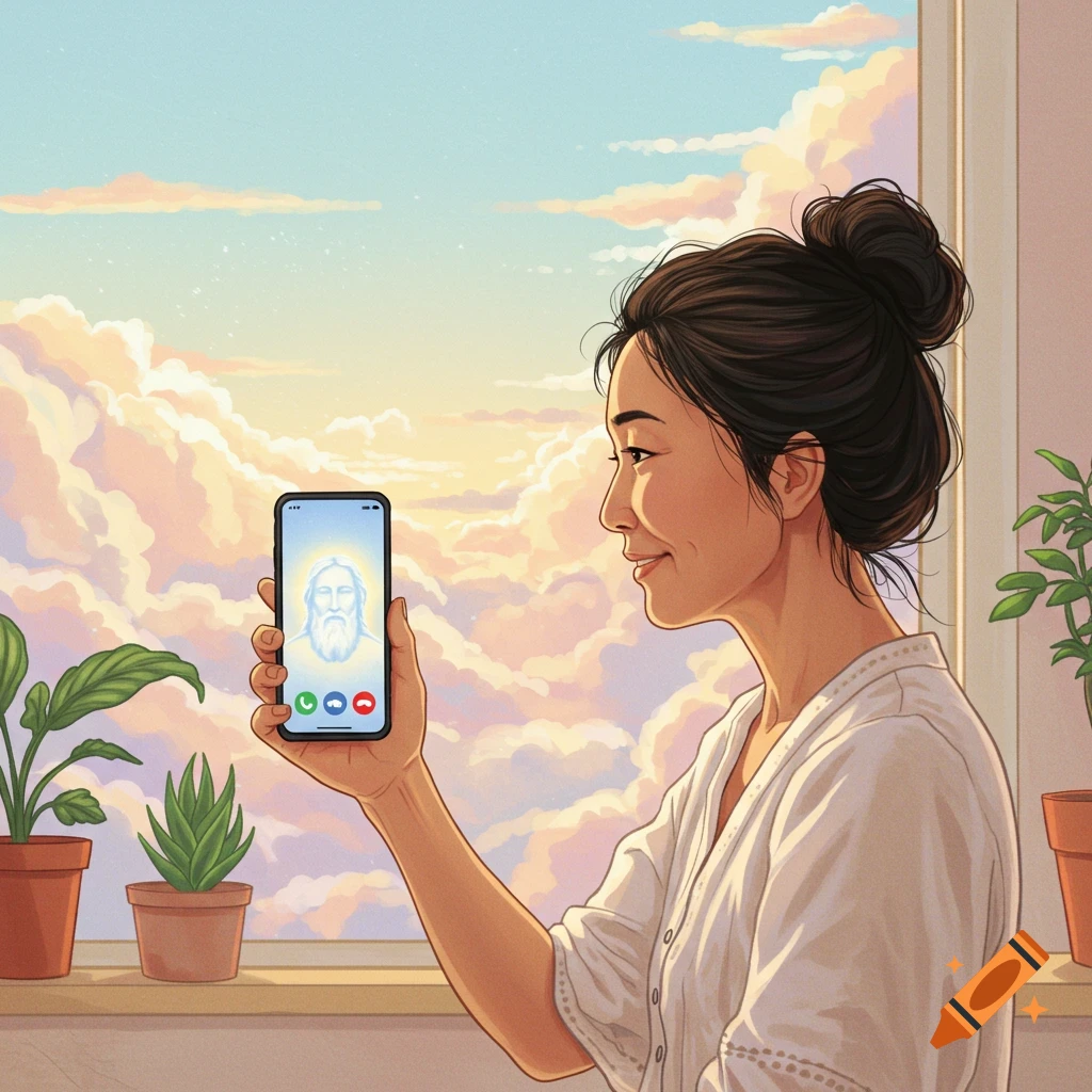 A woman holds a phone, looking at a glowing face on the screen, with clouds visible outside.