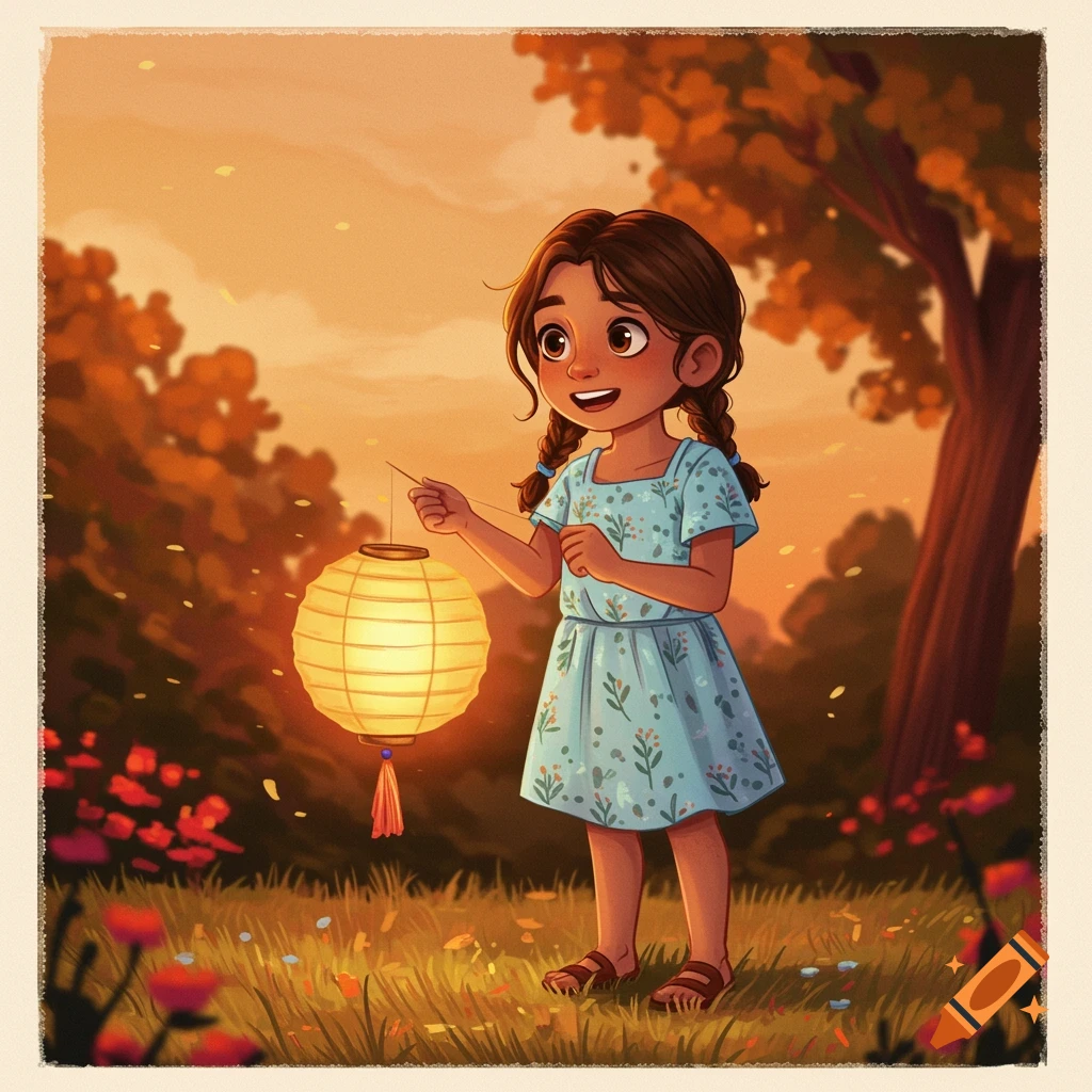 Storybook illustration of a girl holding a glowing lantern in an autumn forest clearing.
