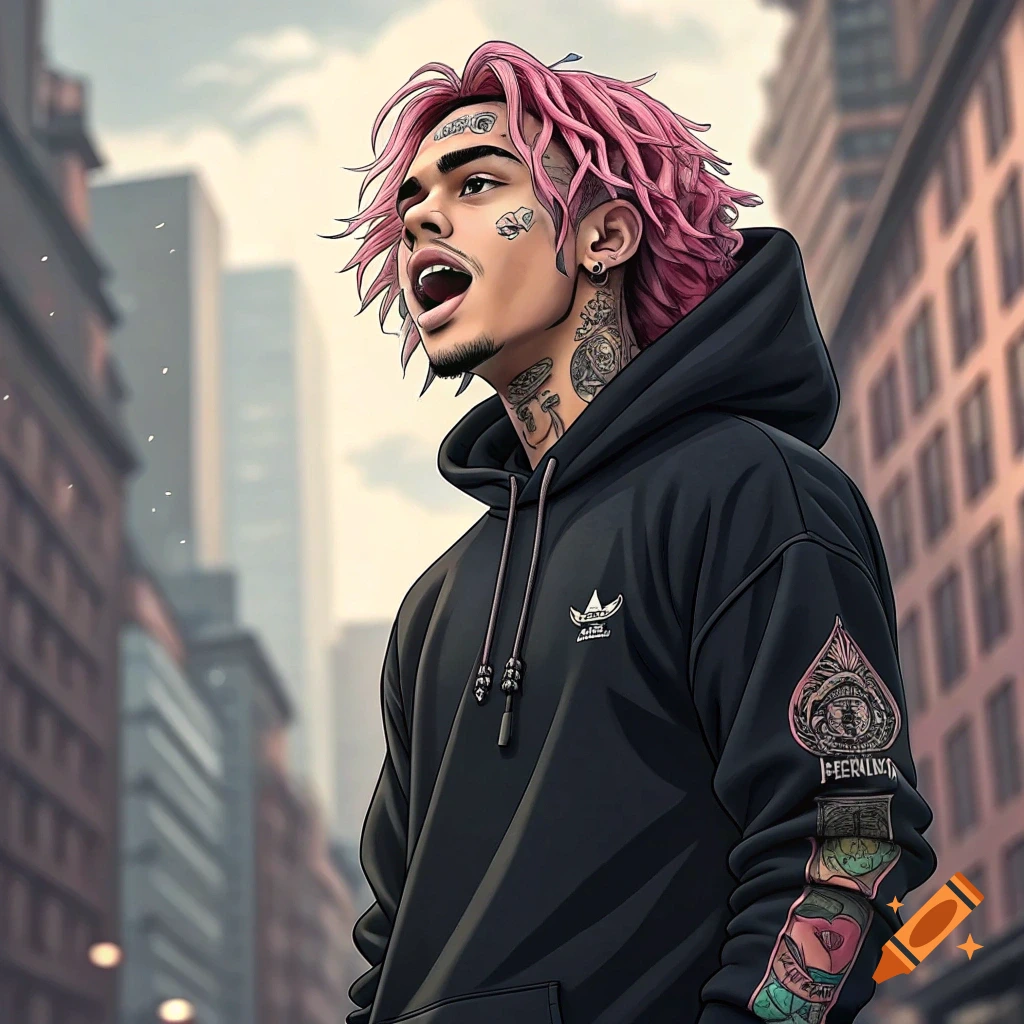 Illustration of a person with pink hair and face/neck tattoos wearing a black hoodie in a city.