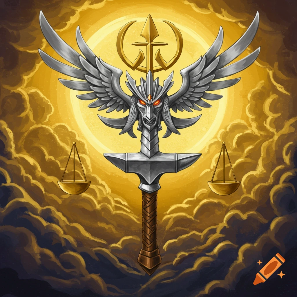 Fantasy symbol with a horned head, wings, hammer, scales, and trident against a cloudy sky.