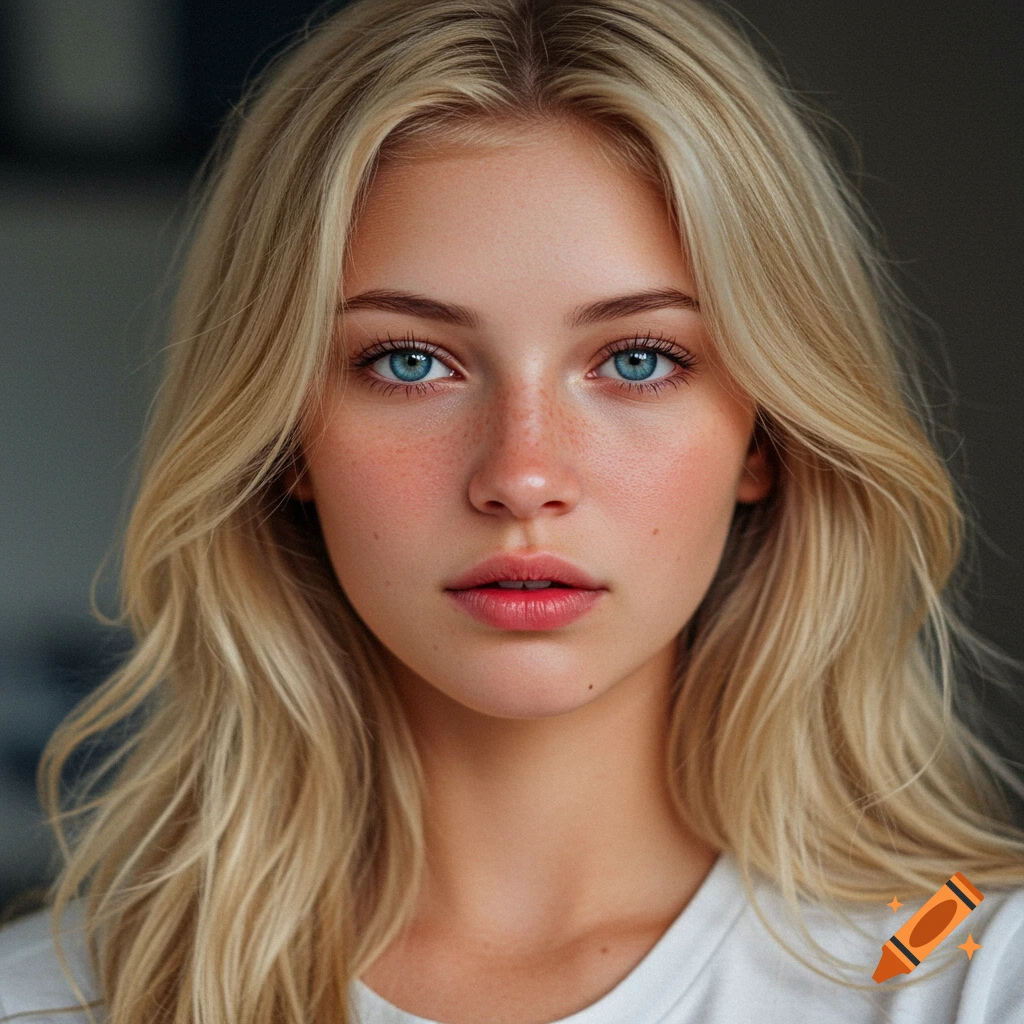 Close up photorealistic portrait of a blonde woman with blue eyes