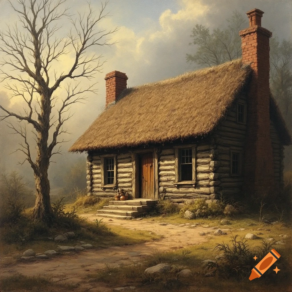 Rustic log cabin with thatched roof and brick chimneys on a dirt path, next to a bare tree, painted style.