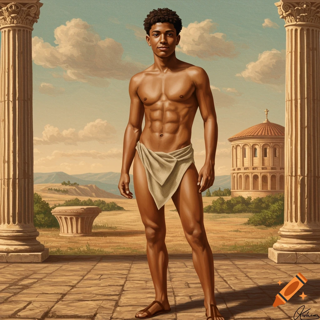 A Roman man in a loincloth is standing between columns in a landscape.
