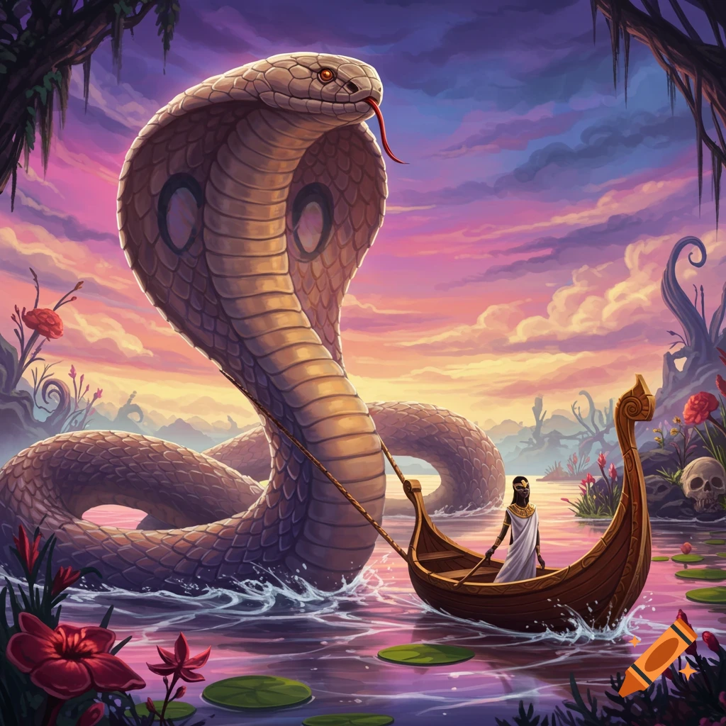 A giant cobra pulls a boat with a person through a river at sunset.