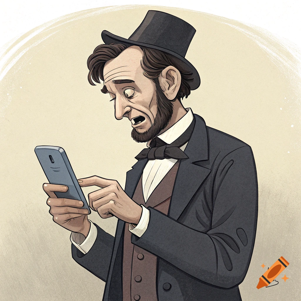 Cartoon illustration of Abraham Lincoln looking confused while using a smartphone.