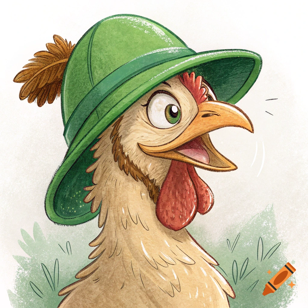 Cartoon chicken wearing a green hat with a feather.