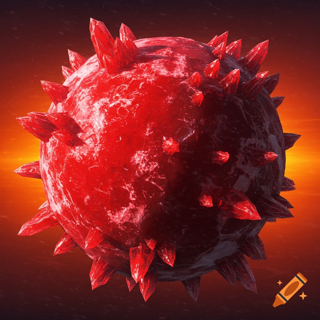 A red planet covered in red crystals in space.