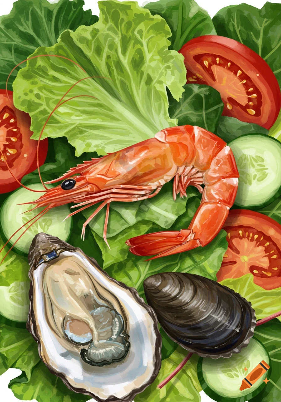 A salad with shrimp, oyster, and mussel