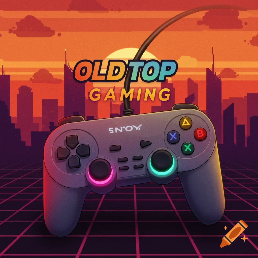 Retro gamepad with city skyline background and 'OLD TOP GAMING' text.