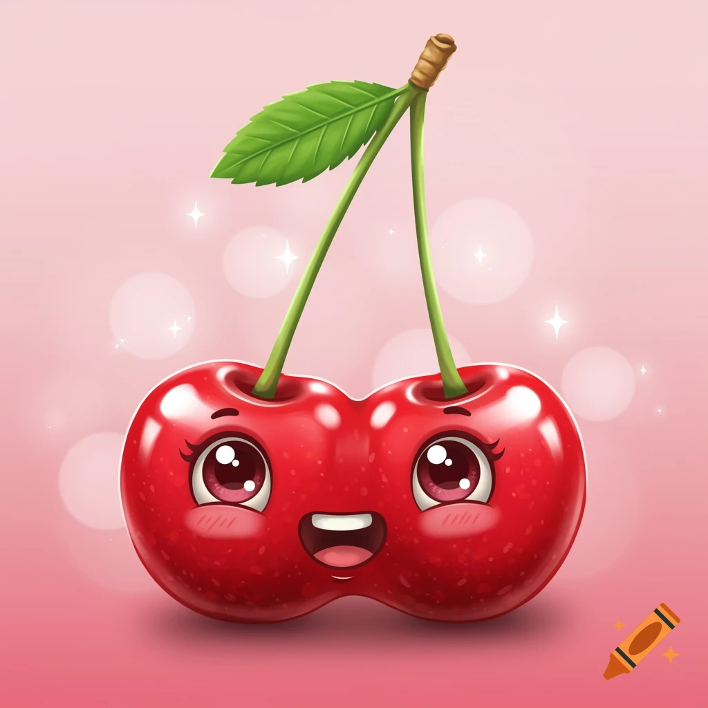 A cartoon illustration of a cute cherry with a happy face, stems, and a leaf on a pink background with sparkles.